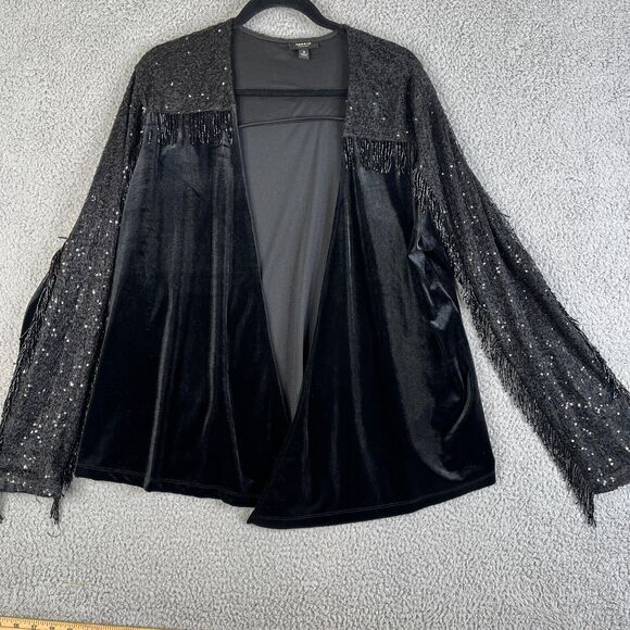 Torrid Cardigan Sweater Womens 0 Black L Open Front Sequins Beaded Fringe Velvet - Picture 4 of 11
